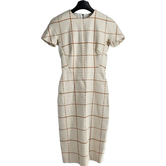 VICTORIA BECKHAM Windowpane Crepe Sheath Dress US 2 UK 6 Wool Short Sleeve Midi - Picture 5 of 9